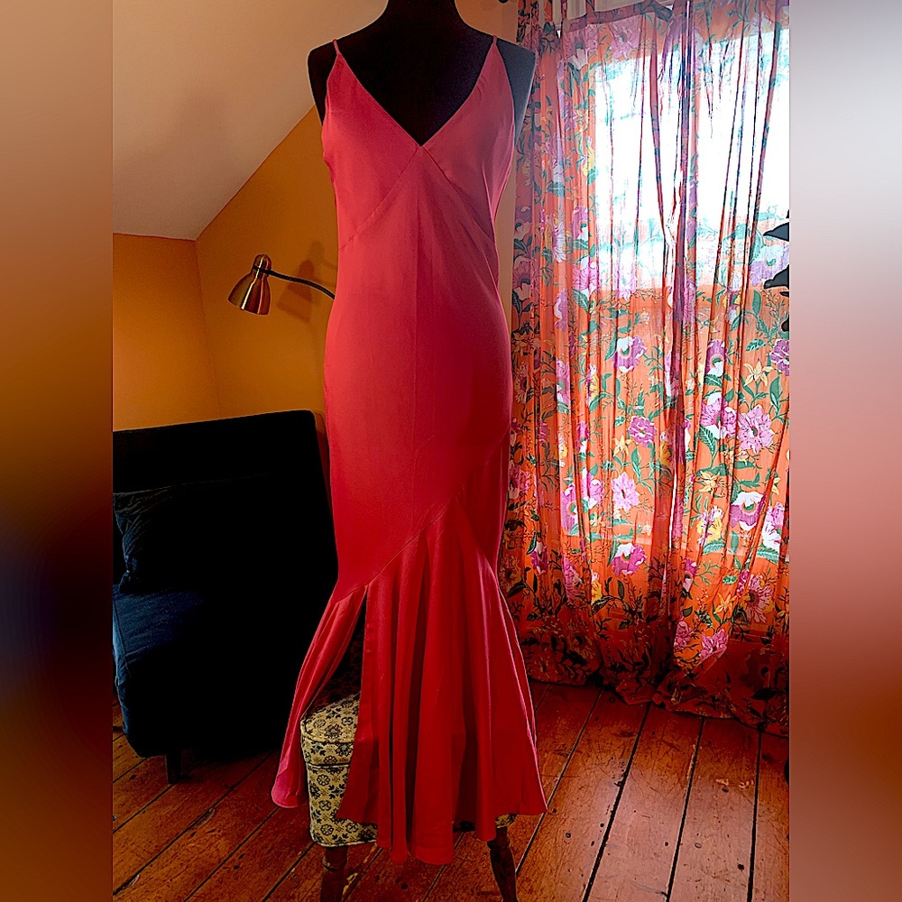 Hot pink, bias cut, fishtail, matte satin slip dress